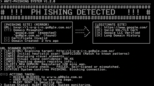 Anti-phishing mirror detection system alert terminal